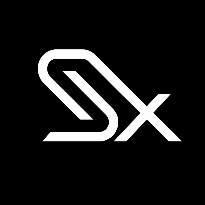 The SNDBX monogram: an S with an X, white on an ink plate
