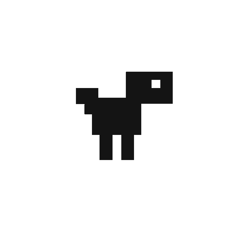Runner: a small blocky pixel dinosaur in ink with a paper-square eye